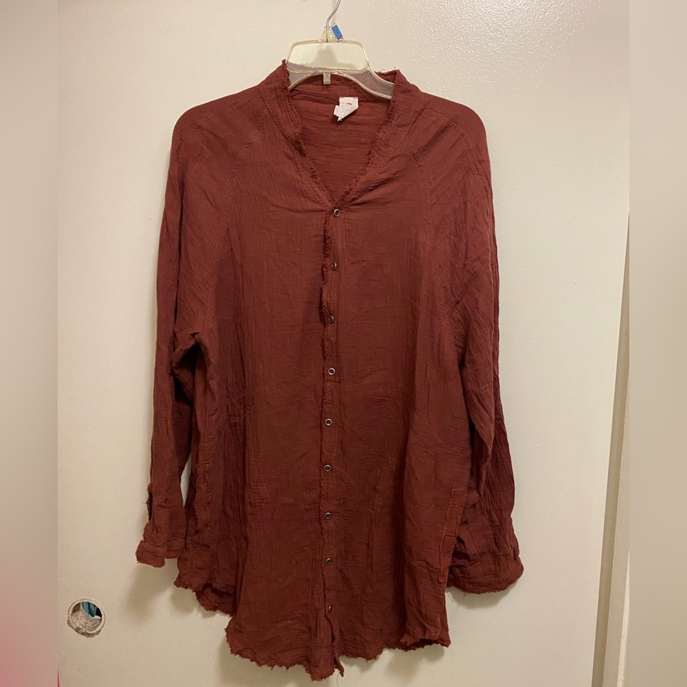 Flawless Brand Womens Dark Brown Tunic Top M Gauzy Cotton Lagenlook Oversized